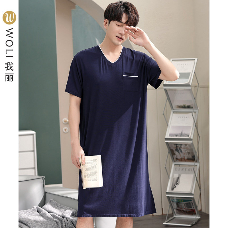 男士夏天一体式睡裙莫代尔中长男人睡衣夏季舒适薄款冰丝睡袍短袖
