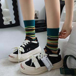 高筒袜 条纹袜子女中筒袜日系ins潮流复古彩色条纹堆堆袜春季