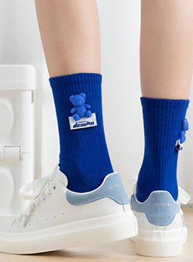 克莱因蓝色小熊网红款袜子女春夏外穿中筒袜绿个性长袜ins潮