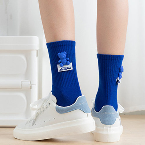 克莱因蓝色小熊网红款袜子女春夏外穿中筒袜绿个性长袜ins潮