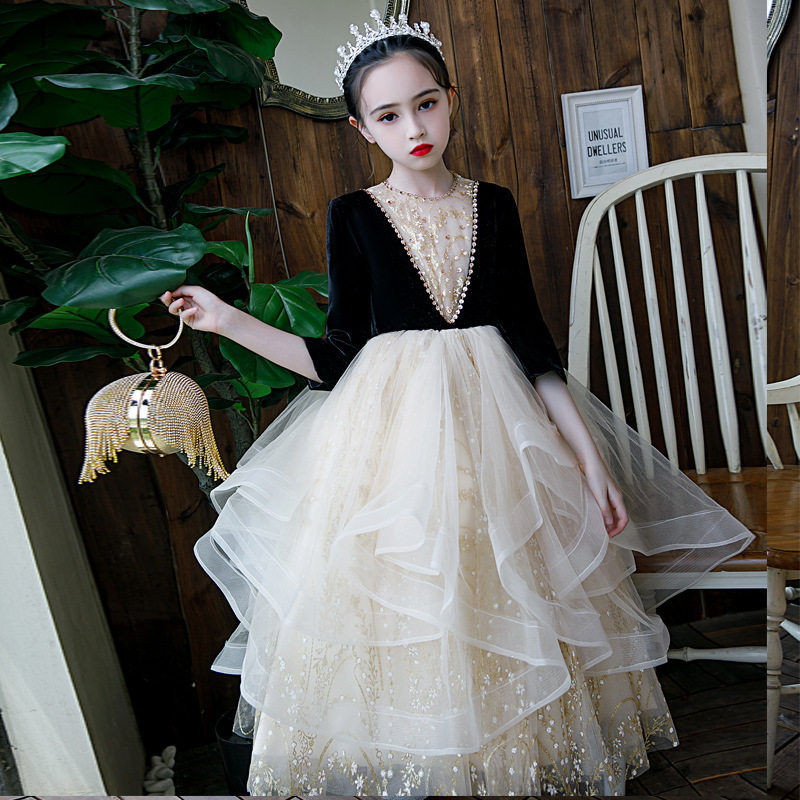 女生定制女孩礼服裙黑色长裙甜美圆领长袖女生公主裙女孩走秀大孩