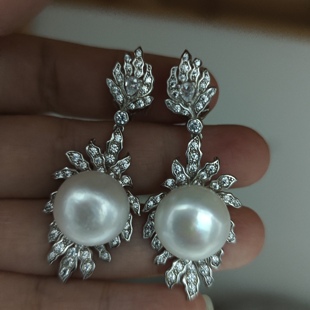 稀有天然灰无核珍珠15-16mm时尚个性闪亮大耳环耳钉新娘耳环配饰