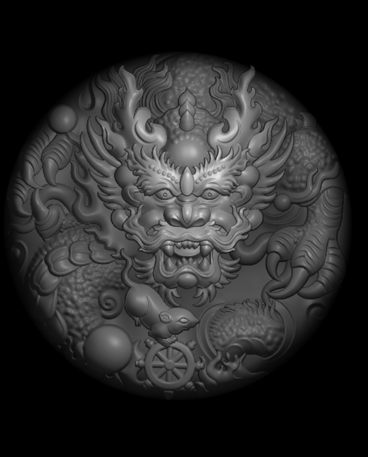 圆形龙牌大头龙盘龙双面挂件精雕图浮雕玉雕灰度图dpbmp电脑雕刻