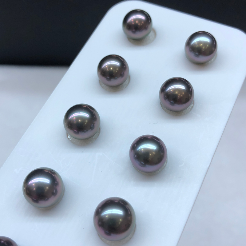 耳钉18K金9.5-10MM强光感紫红色晕彩海水大溪地黑珍珠对珠裸珠