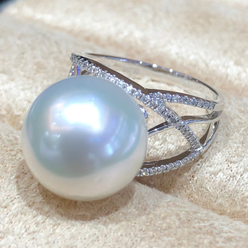 优雅海水南洋白珍珠戒指强光几乎无瑕18K金钻石款指环13-14MM澳白