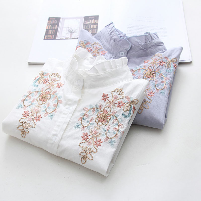 Fungus collar shirt Retro Embroidery jacket 2020 new pattern Korean Edition Primer Stand collar Long sleeve Embroidery shirtin the Women's clothing/Boutique , Shirt  category - from Buy2taobao.com to provide professional Taobao agent buy service