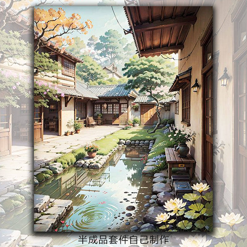 庄园街道满绣十字绣自己手工线绣玄关走路中国风江南水乡风景画