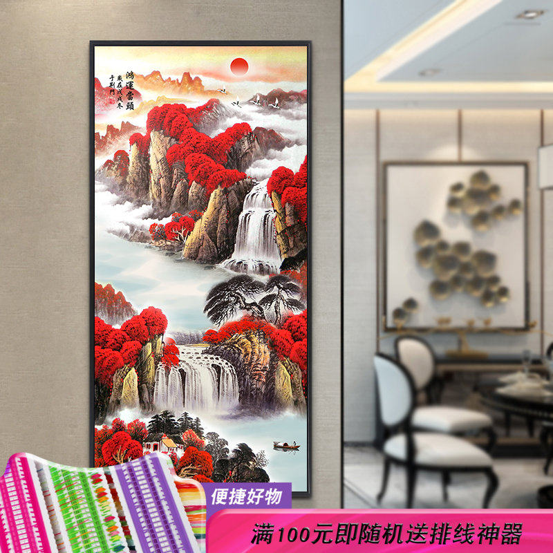 十字绣2023新款线绣客厅竖版鸿运当头现代风景山水挂画自己绣满绣