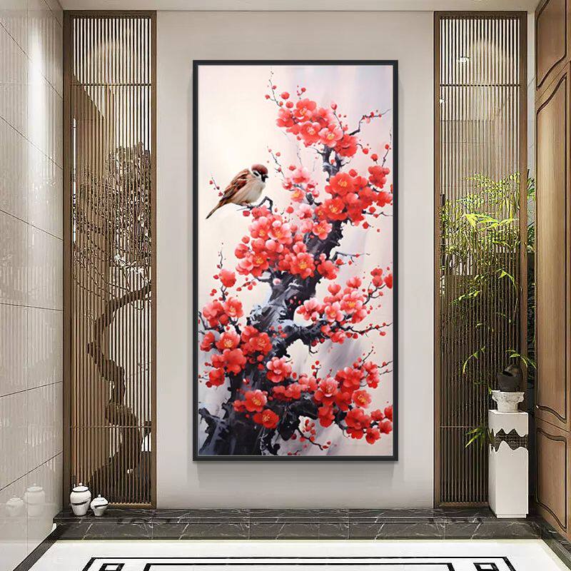 新中式花鸟梅花玄关竖版满绣精准印花十字绣自己手工人工报春图