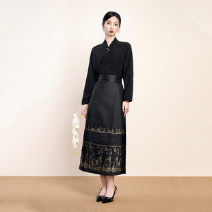 黑色汉服套装 水揽星河 短款 马面裙夏季 国风半身裙成人女 枝满松