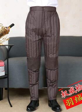 冬季男士羽绒裤白鸭绒无缝不漏绒护膝室内居家护腰加肥加大保暖裤