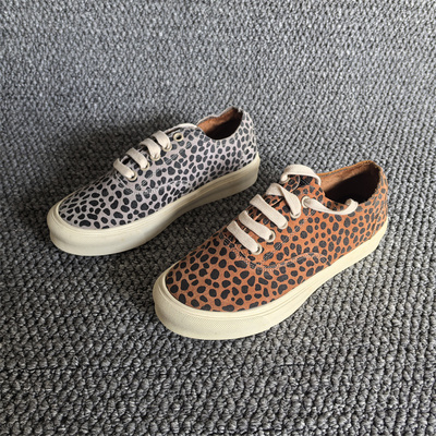 豹纹系带英伦真皮加棉女板鞋