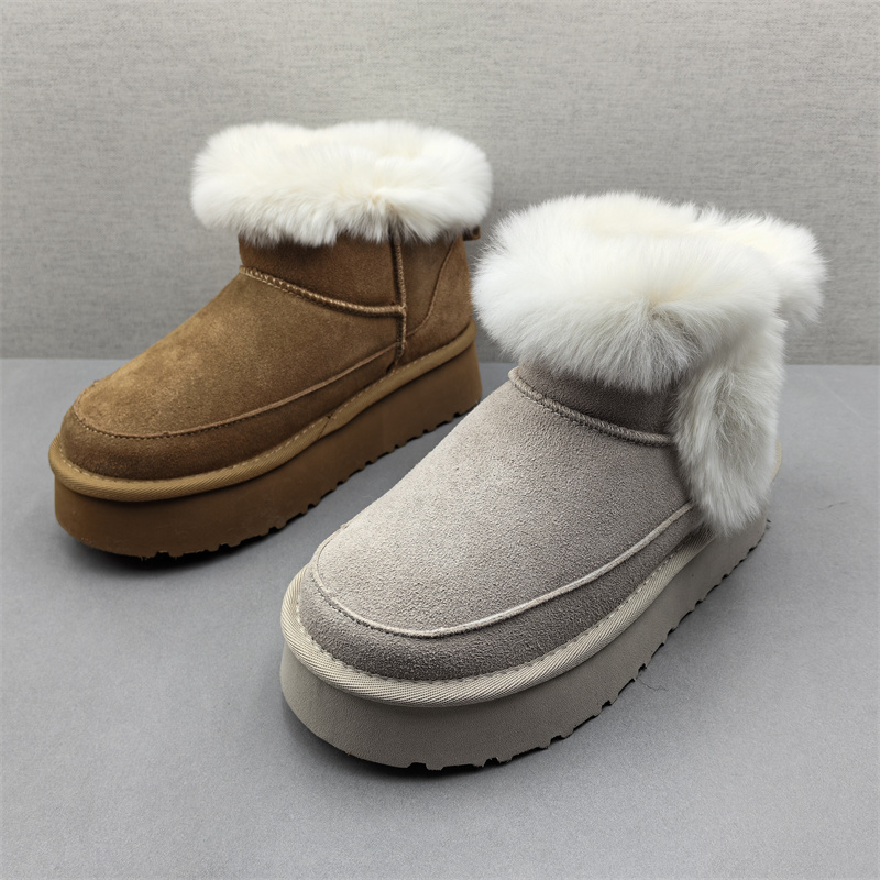 2025冬季新款毛绒雪地靴女厚底短筒保暖棉鞋皮毛一体头层牛皮女鞋