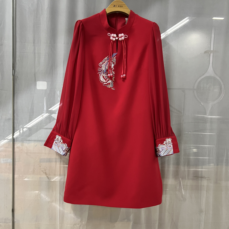 紫美轩T24A8030商场专卖2024春时尚丽人女装新中式红色喜庆连衣裙