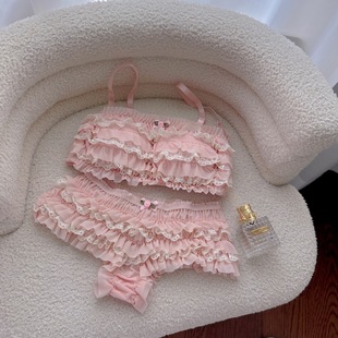 2025新款日系可爱香软小蛋糕文胸蝴蝶结薄款多层花边内裤裙套装