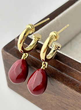 丽贝丽影925银针爆款潮流韩版欧美秋冬款滴油红色贝珠C圈大气耳环