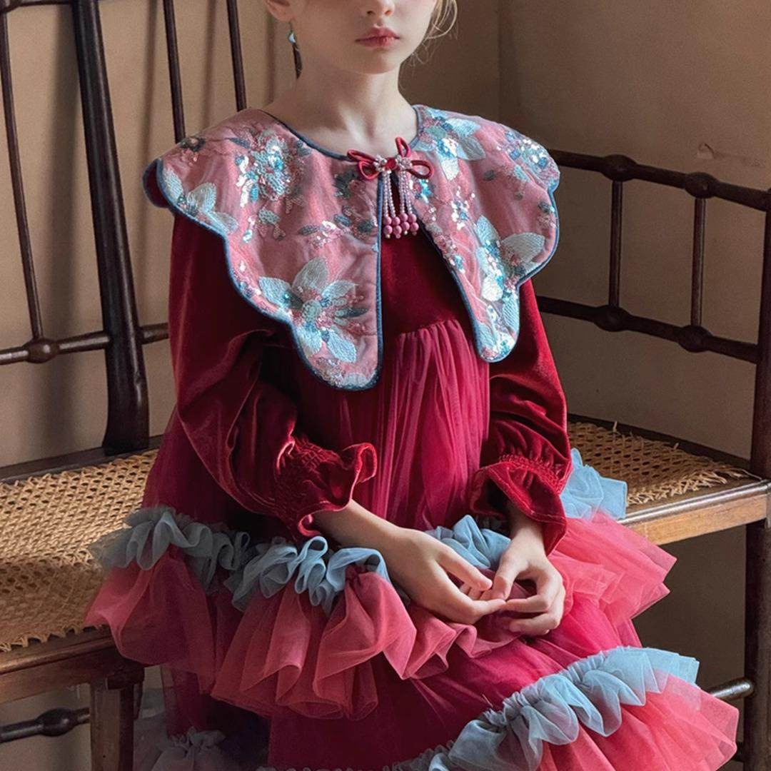 新年款拜年裙秋冬儿童公主礼服连衣裙女孩生日裙子气质纱裙蛋糕裙