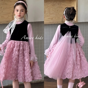 amiee艾米正版 25秋冬女童公主裙生日礼服裙玫瑰花朵蝴蝶结批纱款