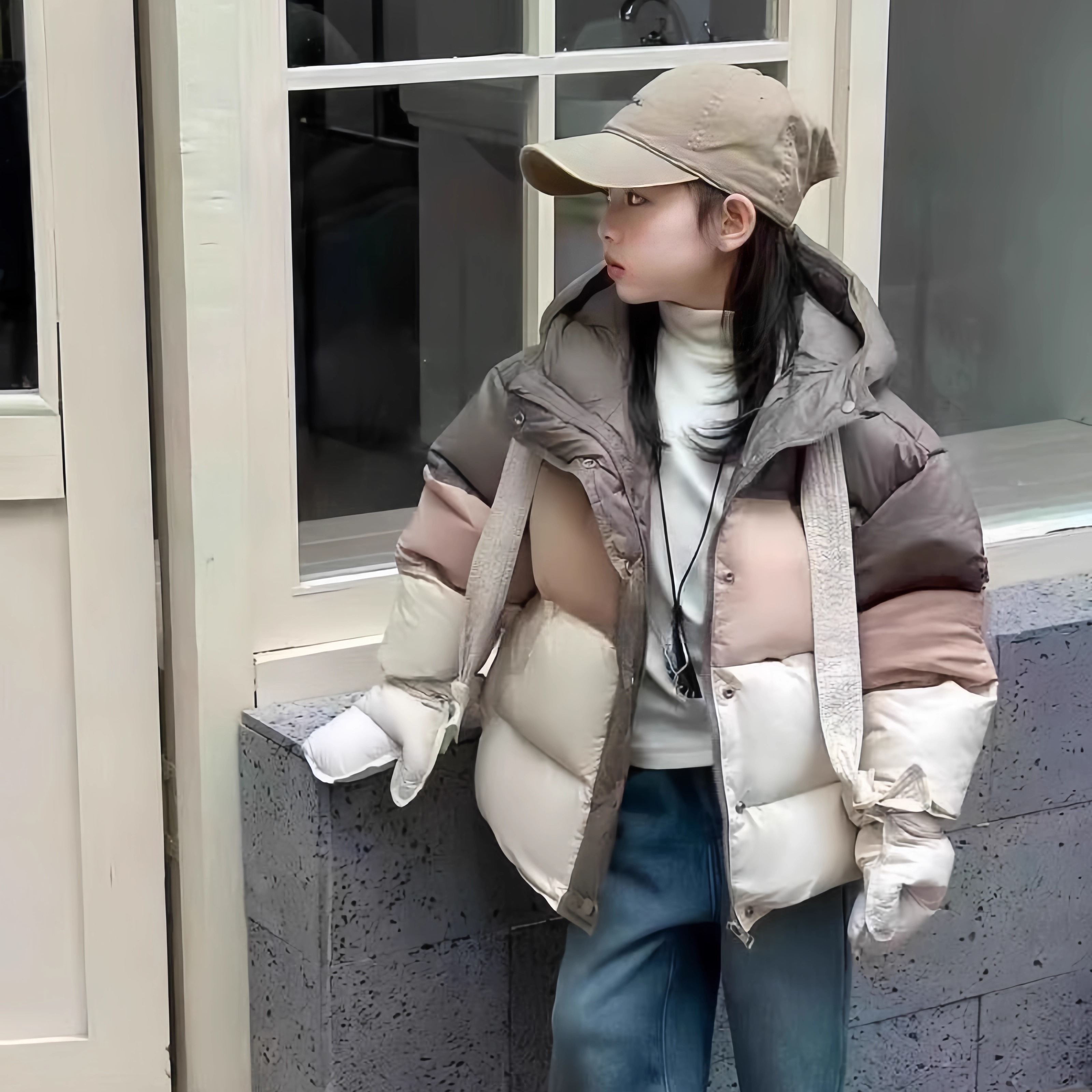 女童撞色连帽羽绒服外套手套两件