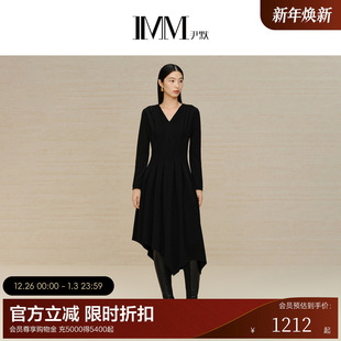 IMM尹默女装 100%羊毛不规则V领显瘦连衣裙腰部立裁长裙 冬季