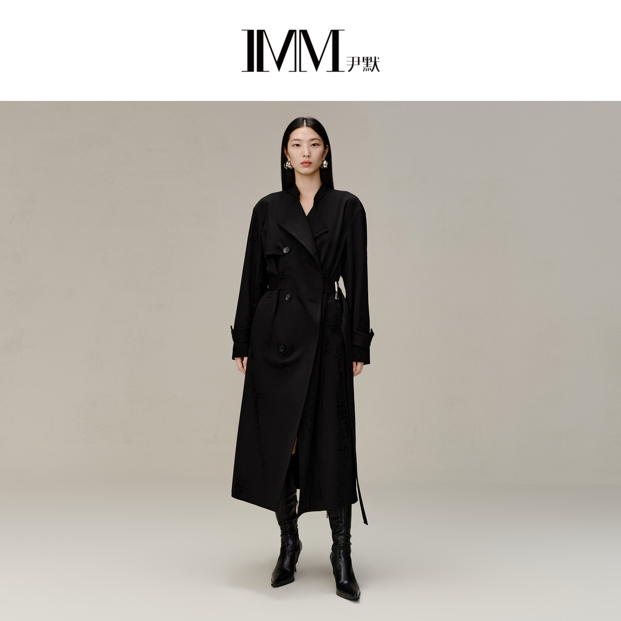 IMM尹默精纺羊毛黑色长风衣