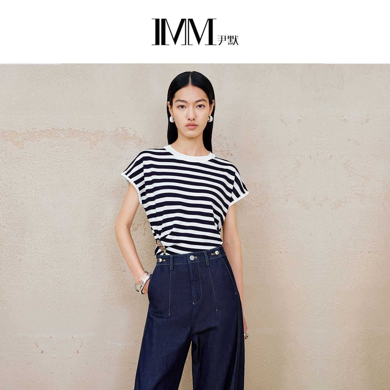 IMM尹默2025年夏黏胶面料松弛感不对称短袖条纹毛针织衫上衣女