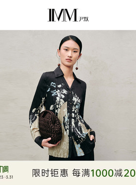 IMM尹默春复合丝斜纹面料印花气质压褶翻领衬衫上衣女