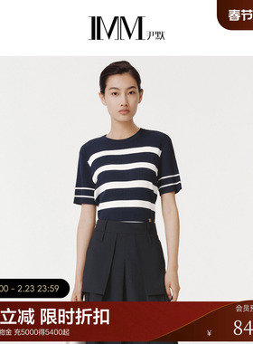 IMM尹默春减龄圆领简约蓝白渐变条纹短袖毛针织衫女
