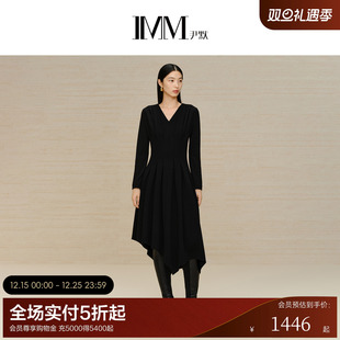 IMM尹默女装 100%羊毛不规则V领显瘦连衣裙腰部立裁长裙 冬季