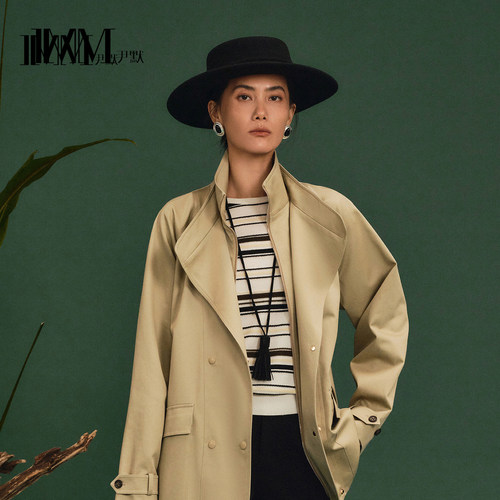 尹默早秋款可调束带假两件风衣女