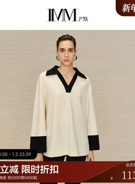 IMM尹默女装冬季羊毛拼接撞色肌理感针织衫松弛V领气质毛衫
