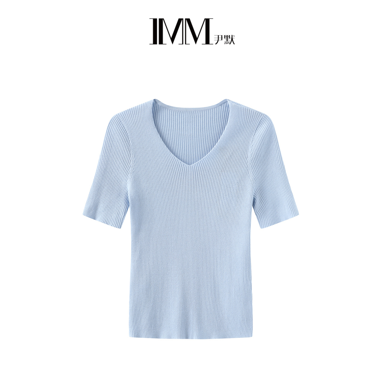 IMM尹默女装纯色V领半袖轻薄修身针织衫羊毛多色小衫打底衫夏