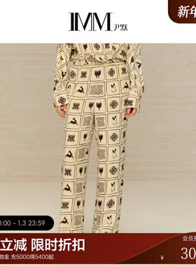 IMM尹默女装冬季灯芯绒中式复古印花直筒裤直筒廓形休闲长裤