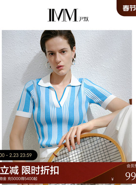 IMM尹默女装条纹航海系薄款翻领条纹短袖针织上衣夏