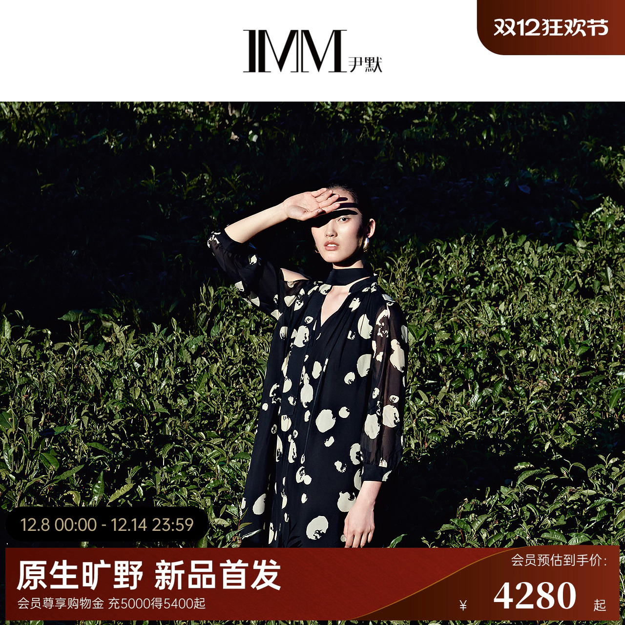 IMM尹默2025年夏10MM真丝雪纺气质飘带领印花立领长款连衣裙女