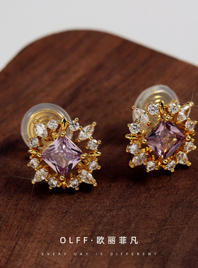 时尚设计感紫色方锆耳钉耳夹女高级感无耳洞蚊香盘耳饰轻奢小众