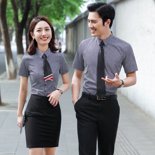 竖条纹职业装男女同款短袖衬衣