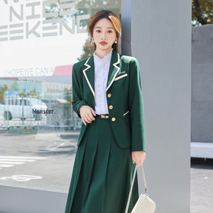 英伦学院风JK制服绿色西装百褶裙套装男女学生班服校服幼师工作服