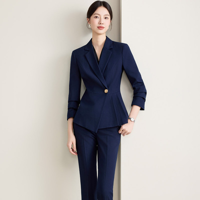 高端藏青色职业西装套装女春秋气质珠宝店酒店前台经理正装工作服