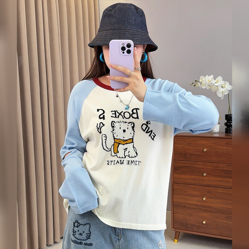 双天2025秋季新款大码女装胖mm上衣设计感断袖撞色女士毛衣F565