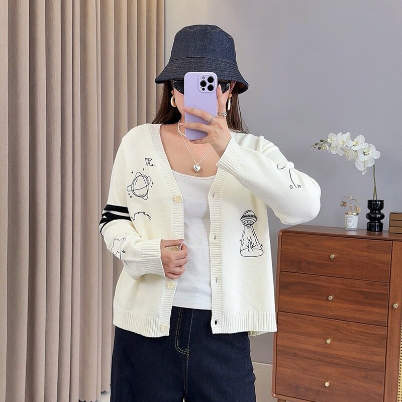 双天2025秋季新款胖mm大码女装趣味图案V领薄款针织开衫上衣F527
