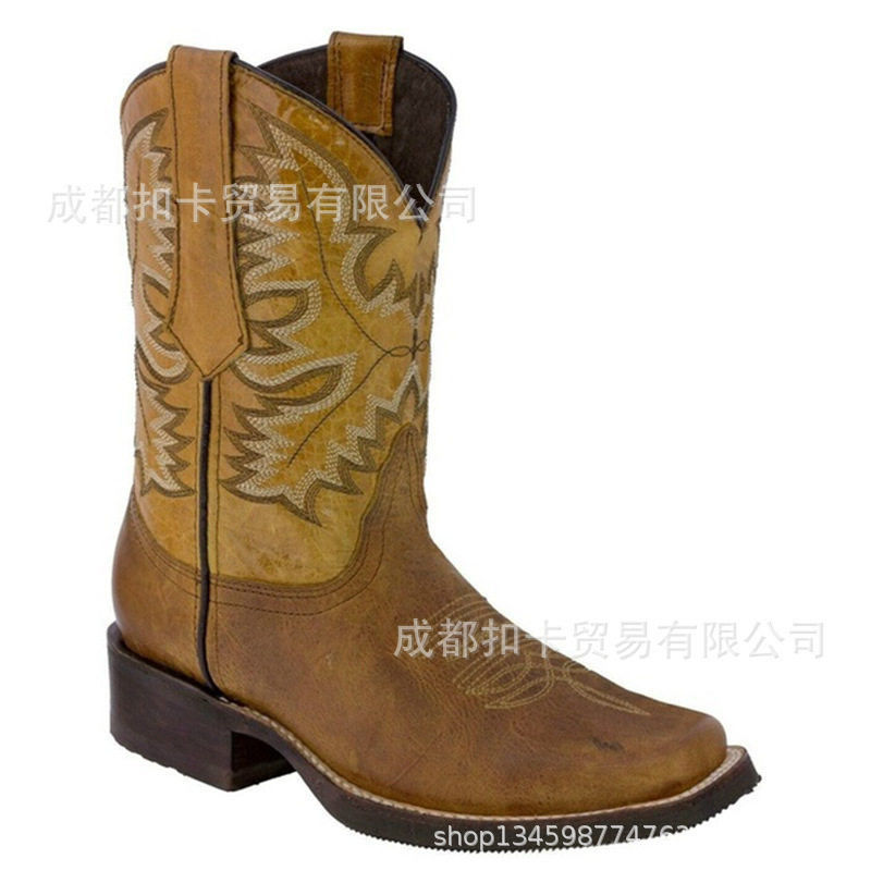 wish速卖通外贸大码欧美绣花复古男女短筒西部牛仔靴尖头罗马靴