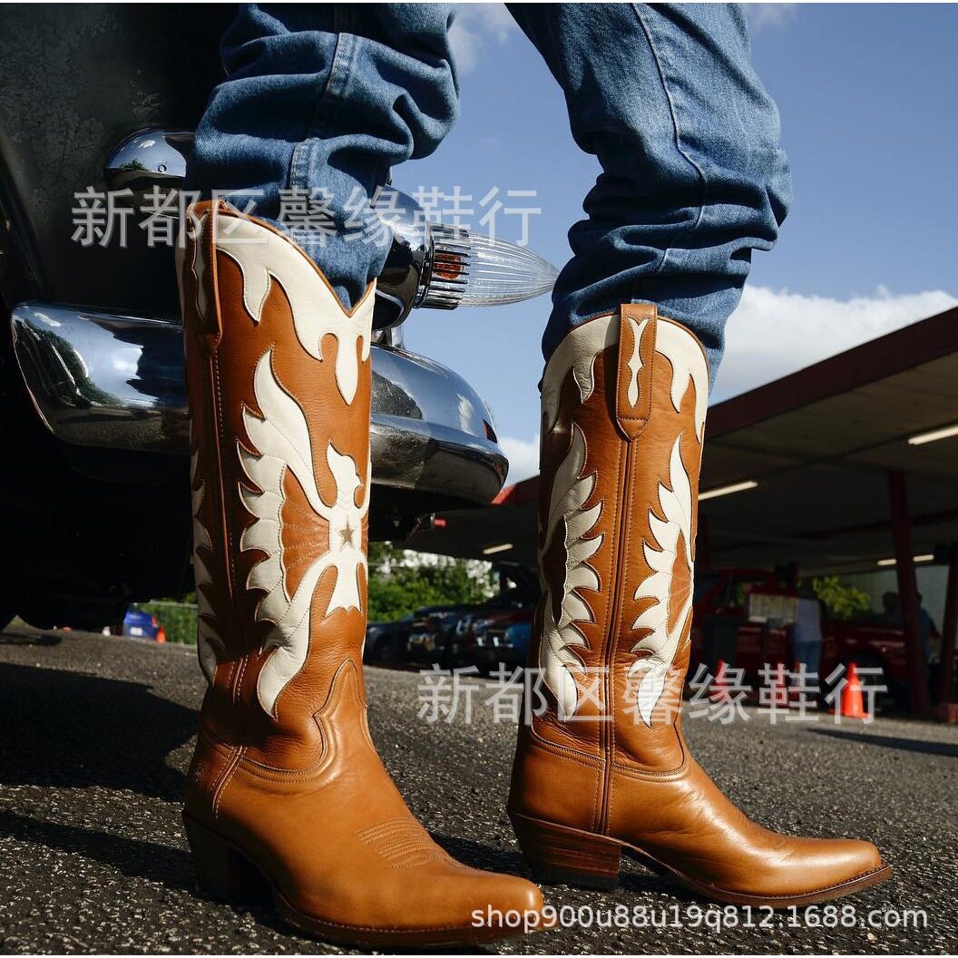 wish欧美跨境35-43大码拼接翅膀粗跟套筒高筒靴皮靴女西部牛仔靴
