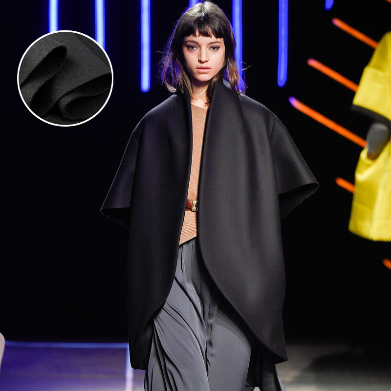 黑色厚毛呢面料  呢子布 保暖厚型 外套纯黑 羊毛呢布料 月牙边