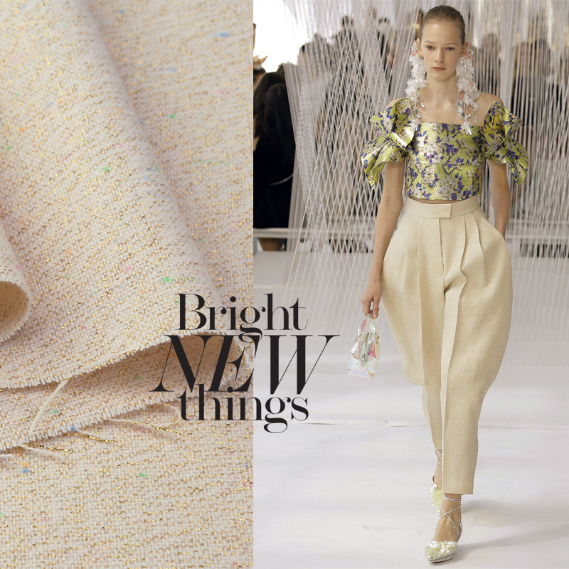 米色象牙色夹金丝彩点薄毛呢羊毛布料 小香风面料 连衣裙外套风衣