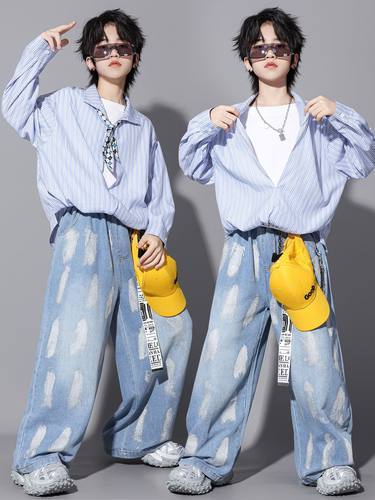 少儿hip hop街舞演出服男女童元旦酷帅儿童嘻哈走秀衬衫套装