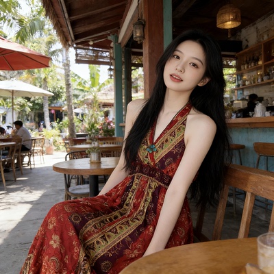 民族挂脖收腰大摆度假连衣裙女装