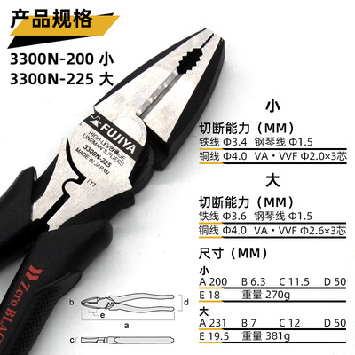 FUJIYA钢丝黑金钳日本原装进口老虎钳五金工具多功能钳子省力钳