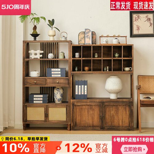 新中式博古架茶室置物架茶叶展示柜实木隔断多宝阁客厅摆件架子