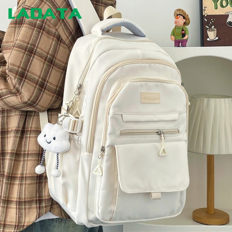 LADATA简约百搭ins大学生书包女 日系大容量纯色初高中生双肩包